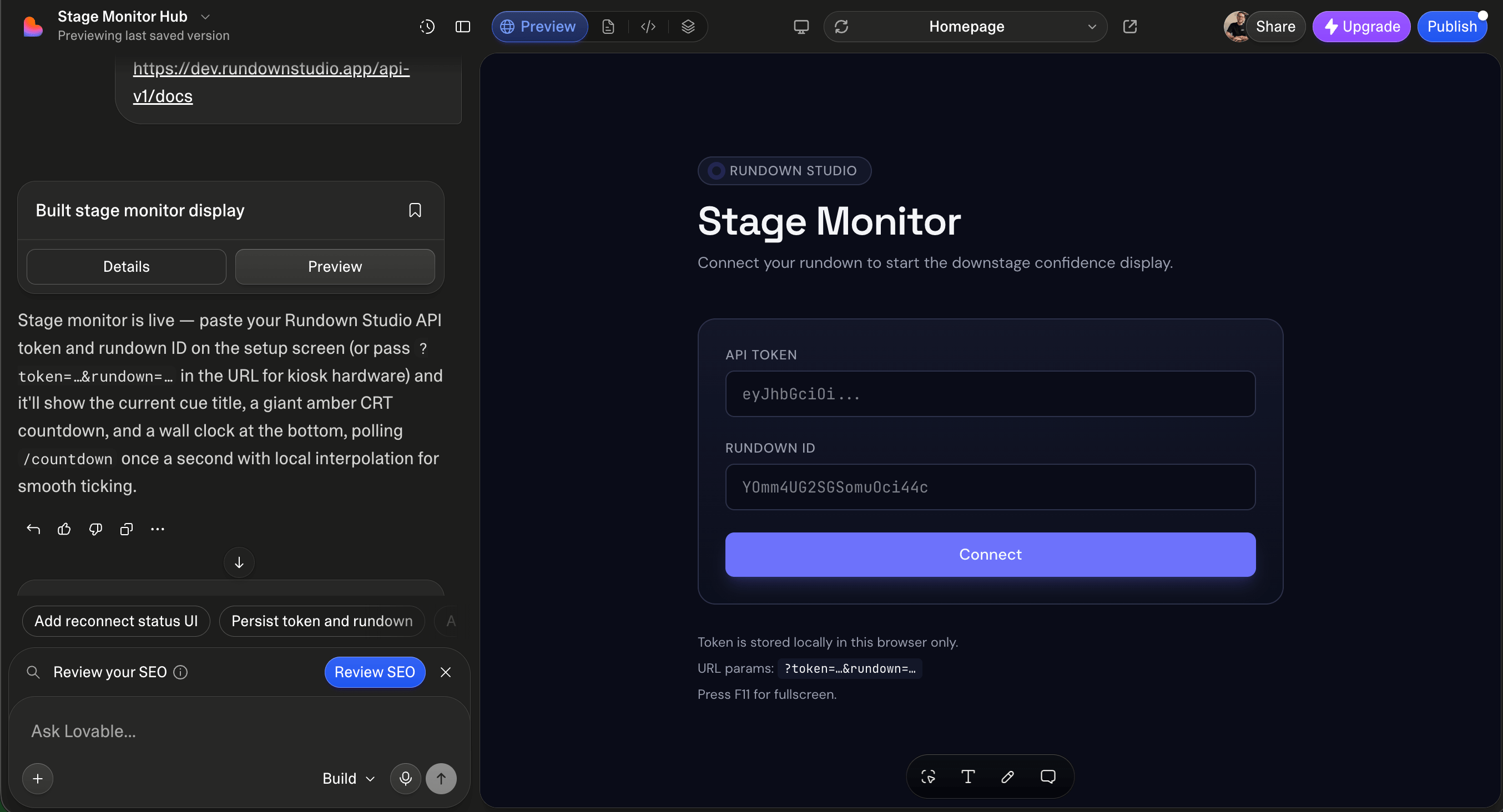 Lovable's editor with the built app on the right, showing a setup screen that asks for an API token and rundown ID