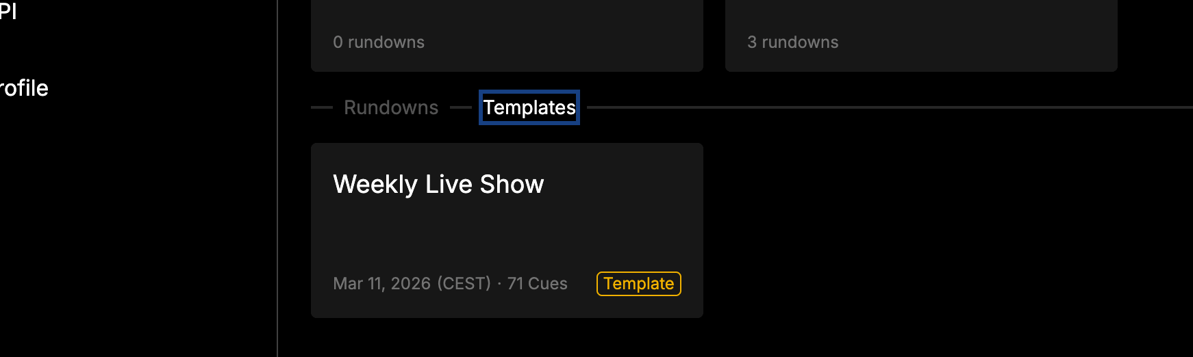 Templates section on the dashboard