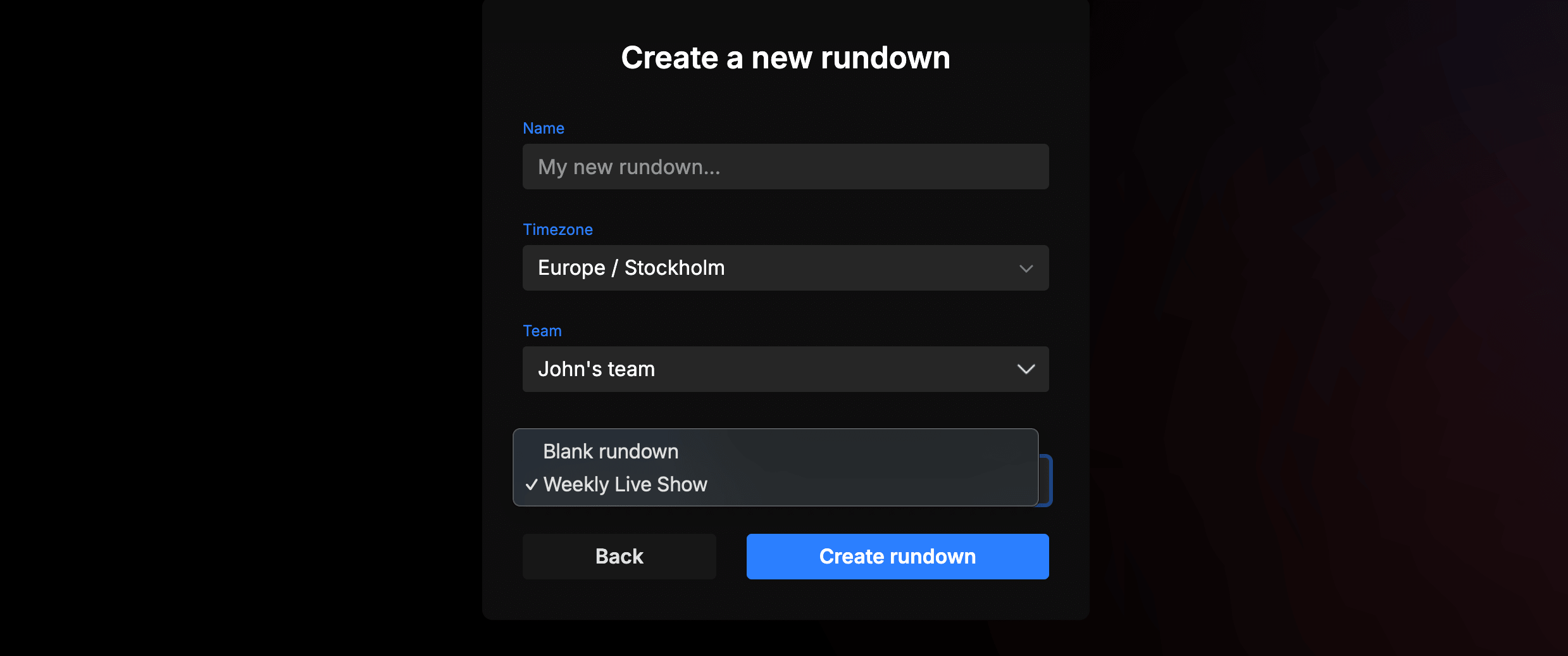 Selecting a template when creating a new rundown
