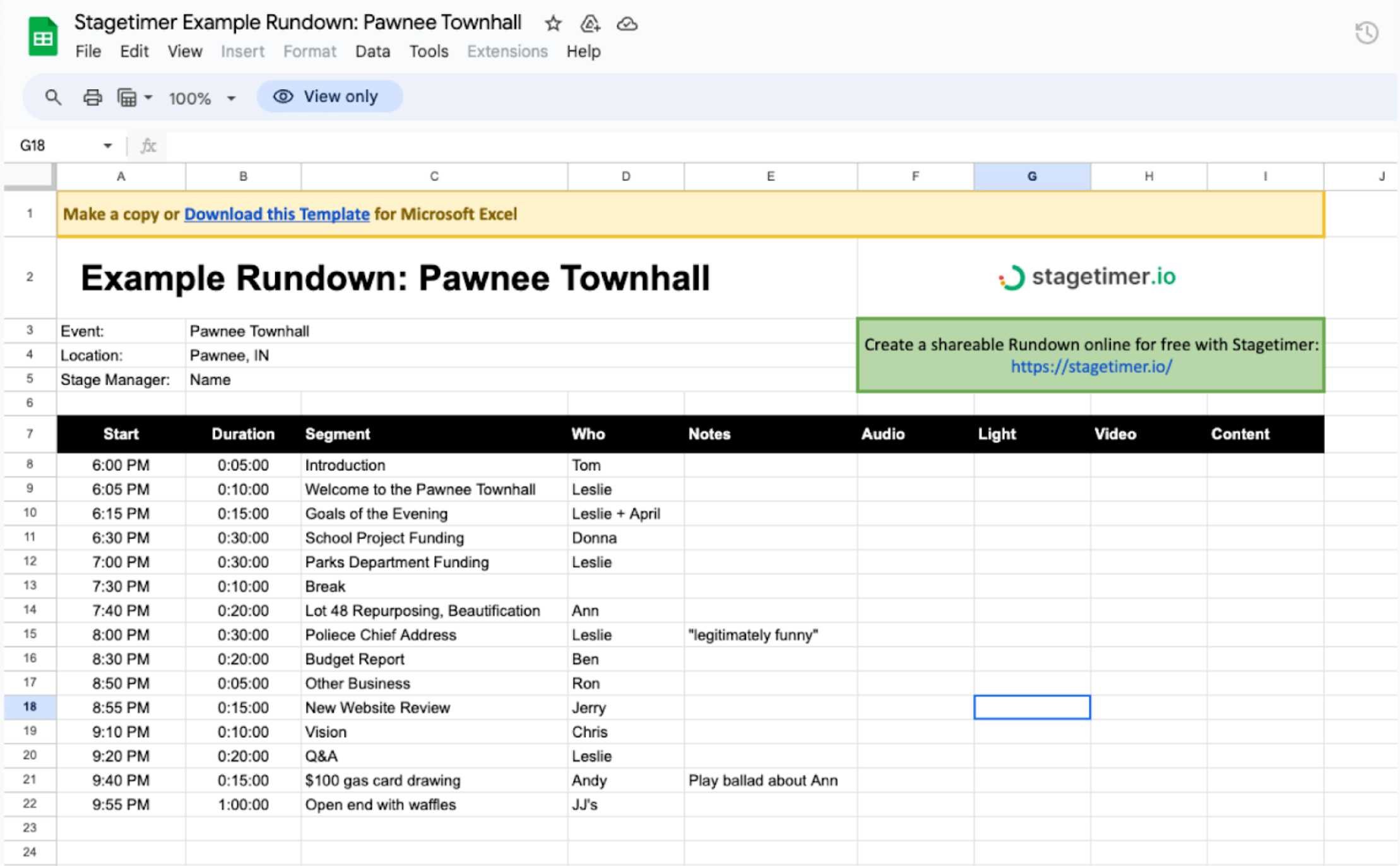 Google Sheets run of show template from Stagetimer.io