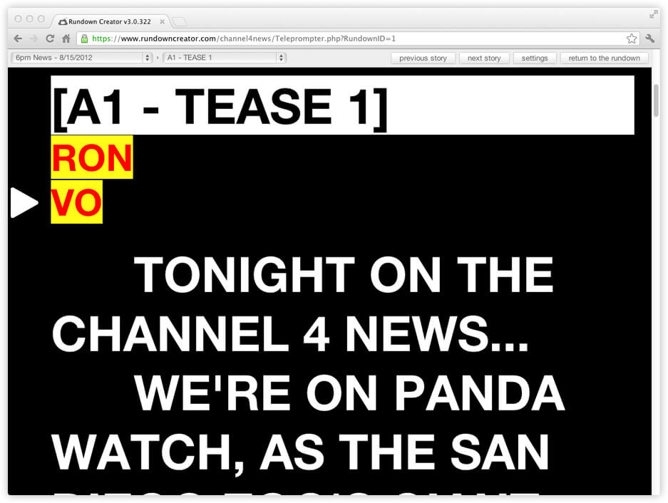 Rundown Creator’s teleprompter screen