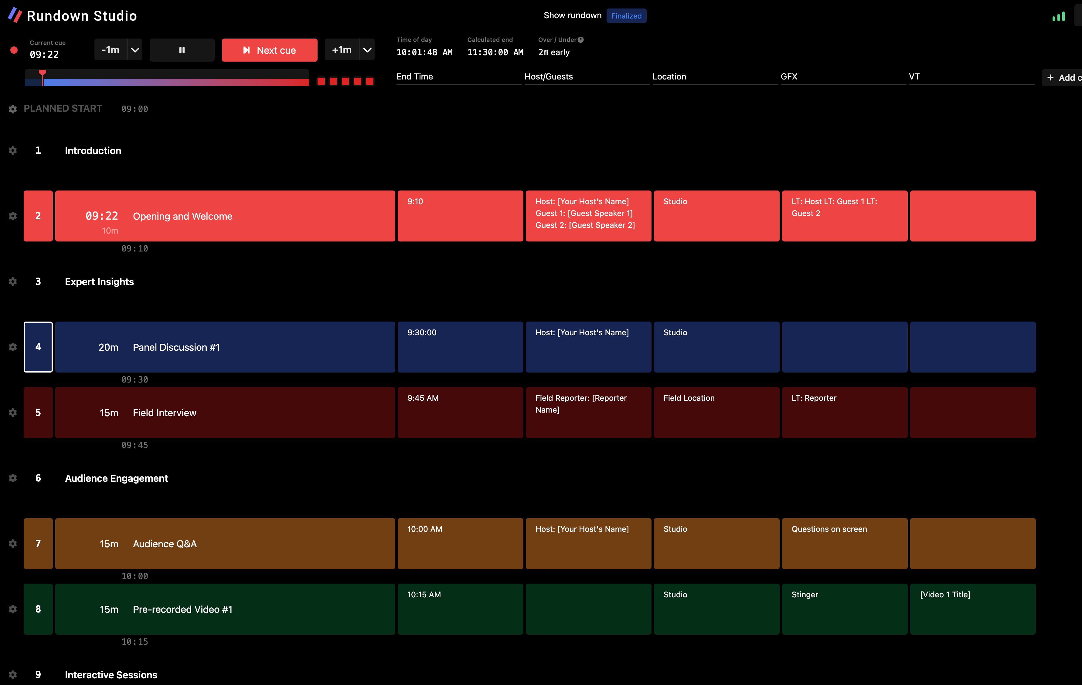 Example rundown with color-coding in Rundown Studio