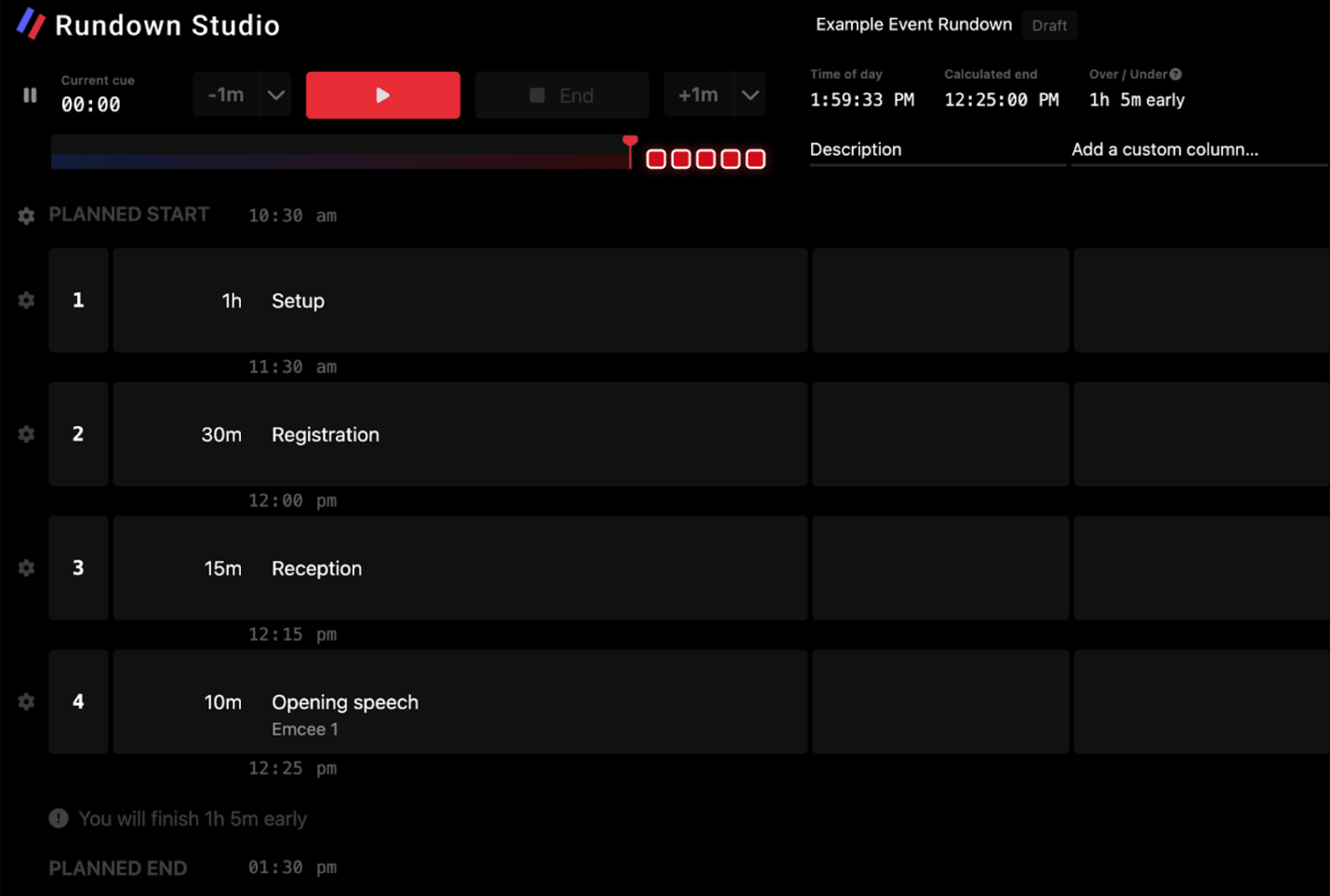 Example run of show created in Rundown Studio