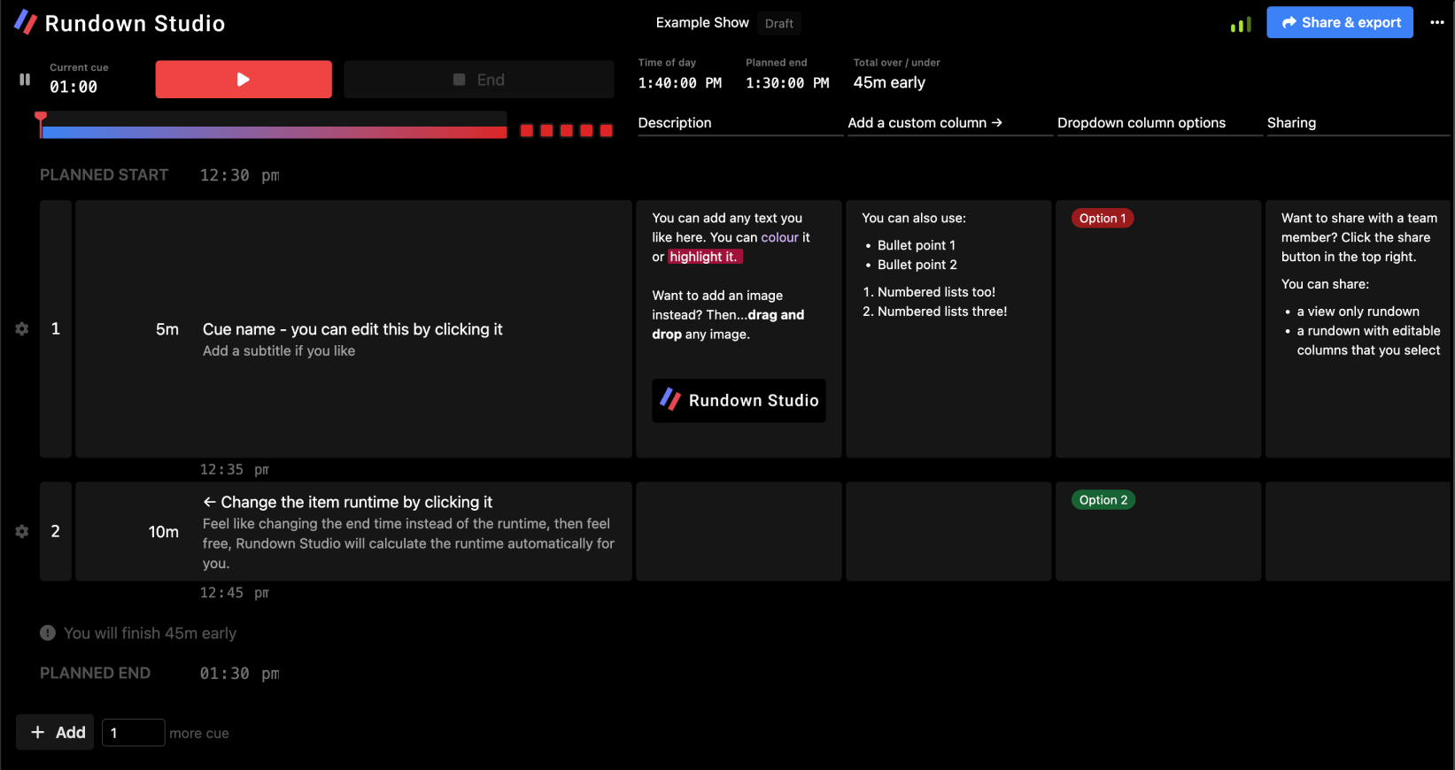 Rundown Studio user interface