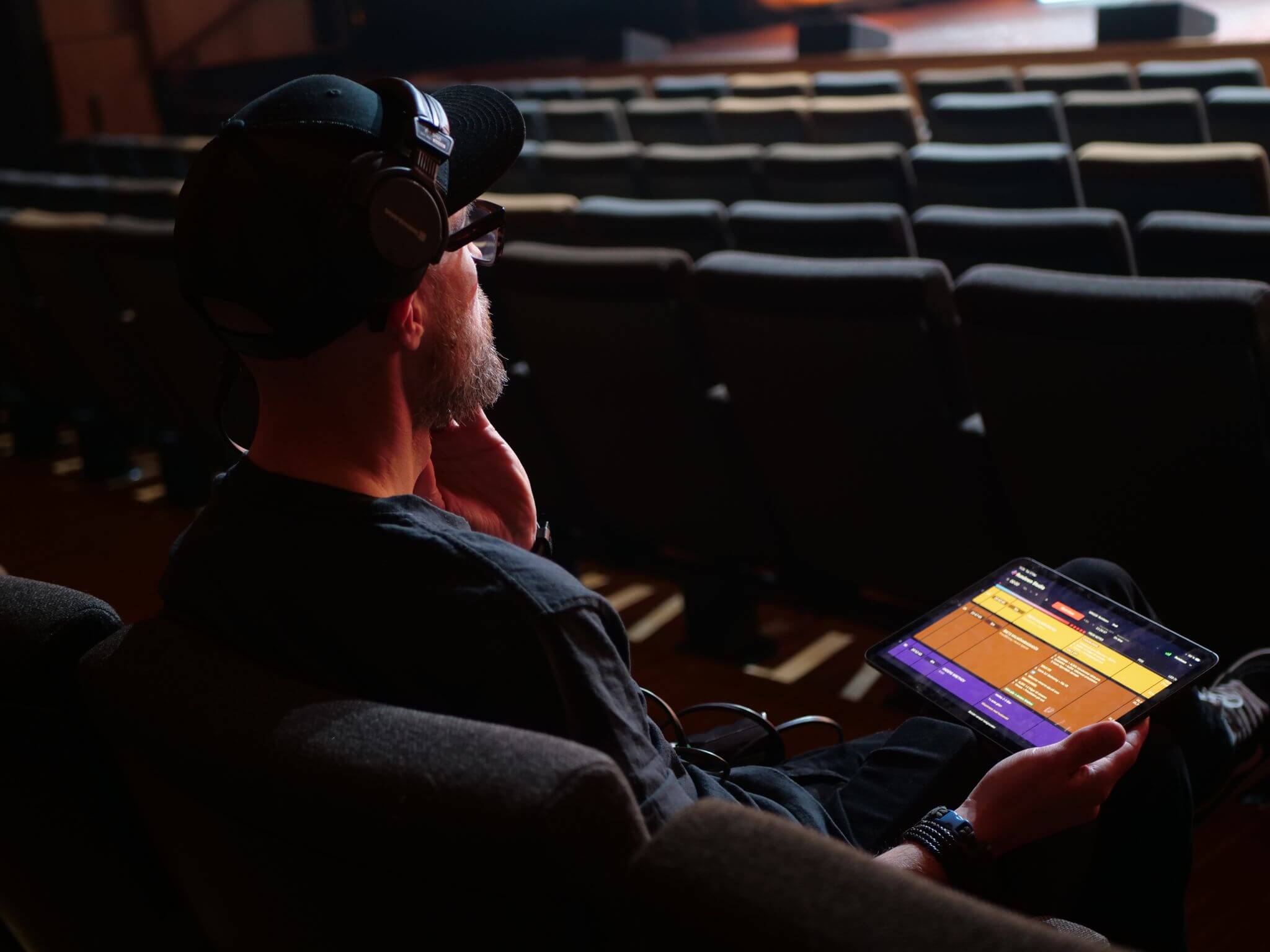 George watching rehearsals from the audience with Rundown Studio on iPad