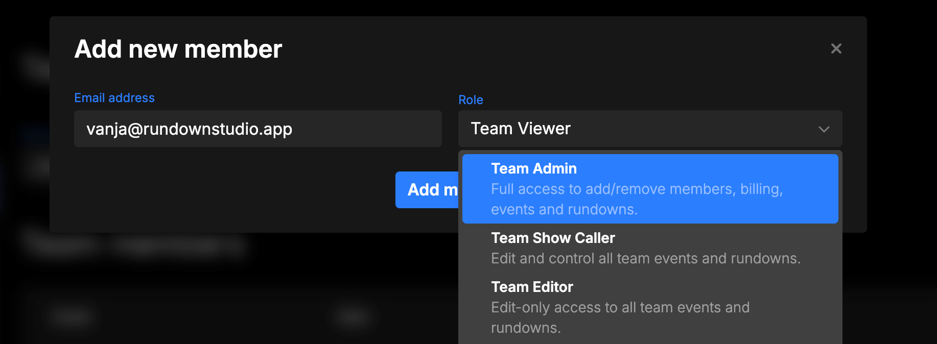 Entering a team member's email and role