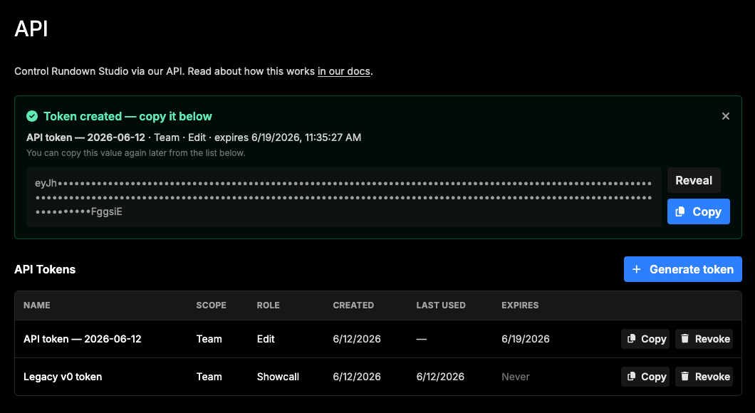 Creating a v1 API token in the dashboard API section
