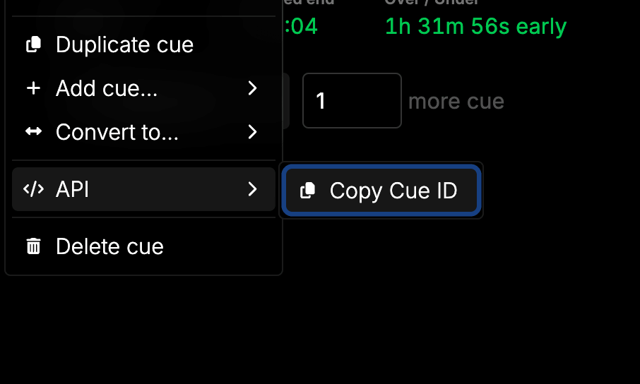 Copying a cue ID from the cue's API menu