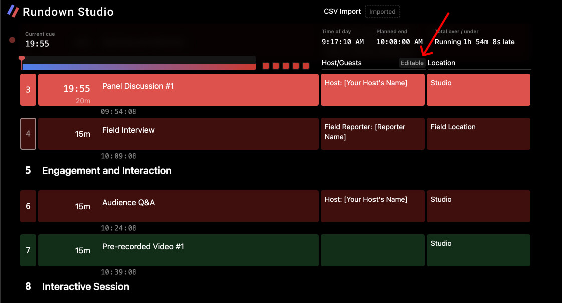Final read-only rundown link opened in a browser with an editable column