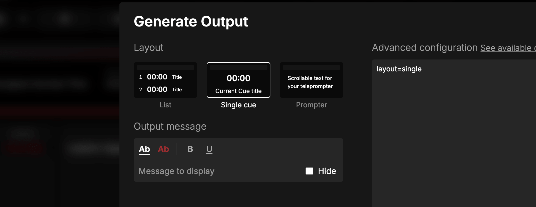 The Output message panel in Generate Output
