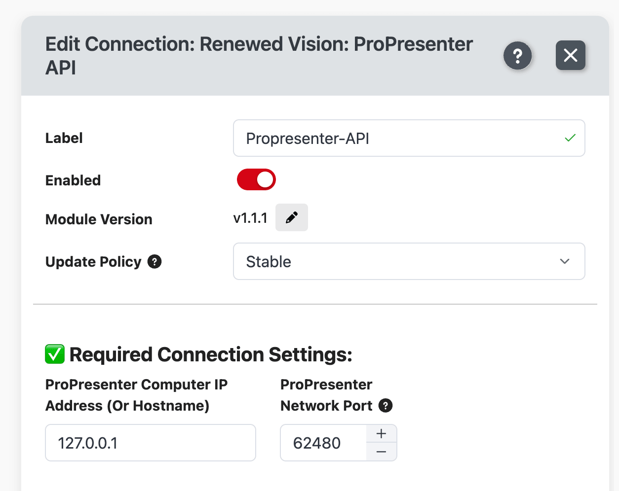 The ProPresenter module configured in Companion