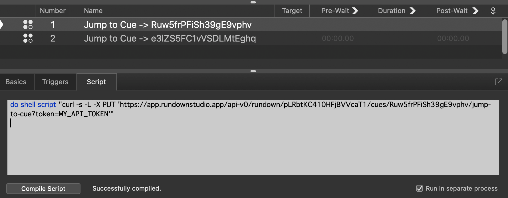 The script pasted into the Script cue editor