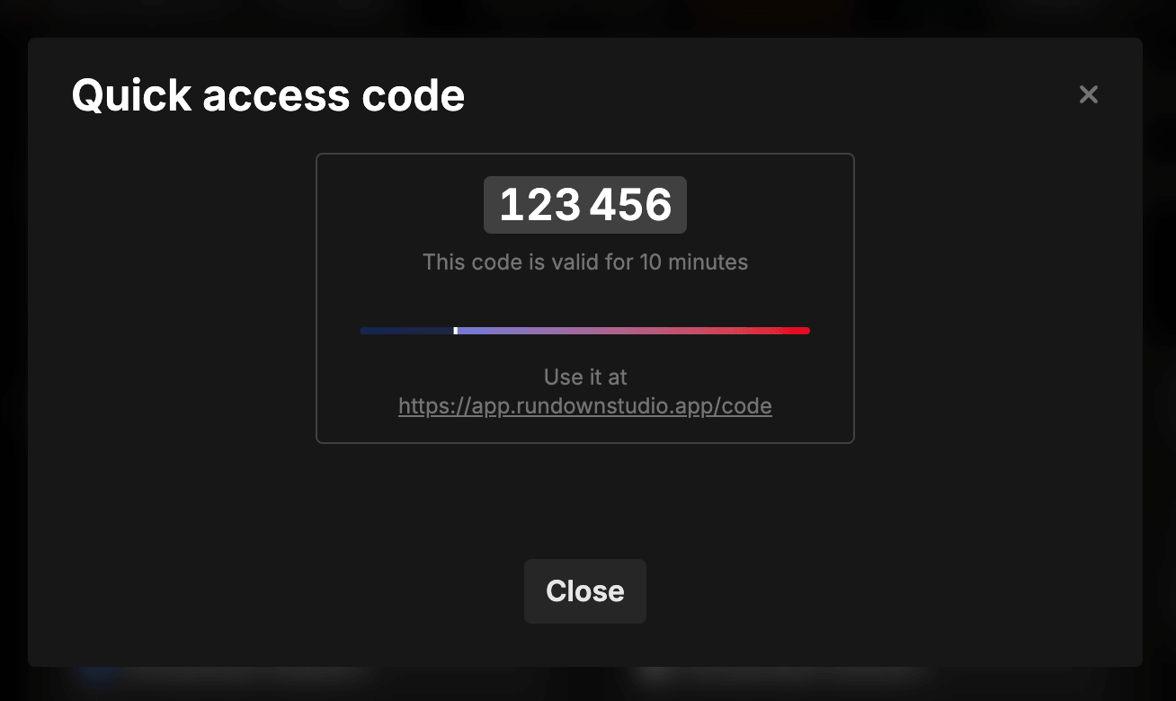 The Quick access code modal showing a six-digit code, a countdown bar and the page to use it at