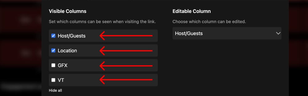 Columns to show/hide