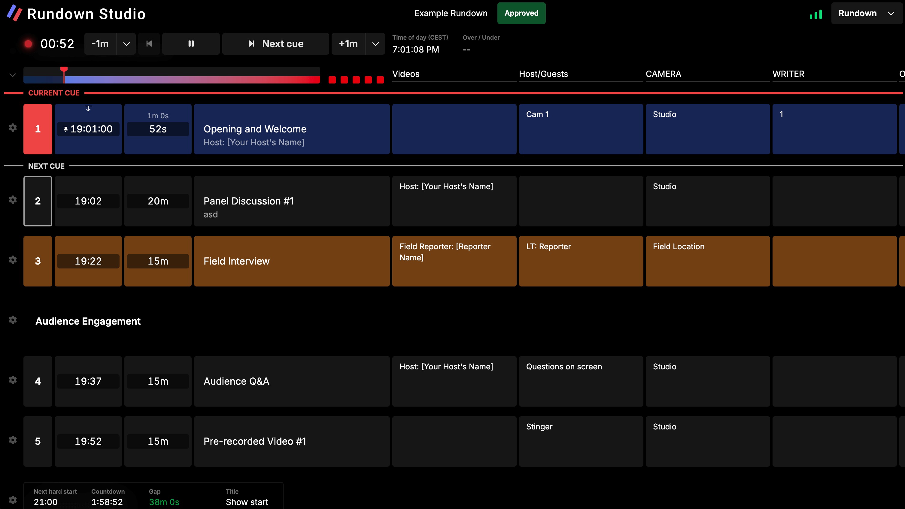 Broadcast rundown software interface showing TV production workflow
